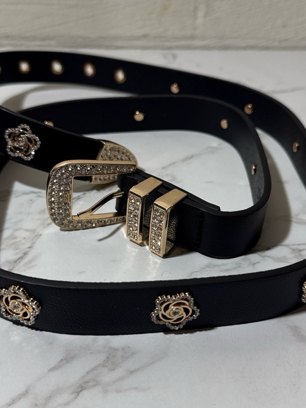 Black Women's Decorative Leather Belt with Gold Crystal Buckle